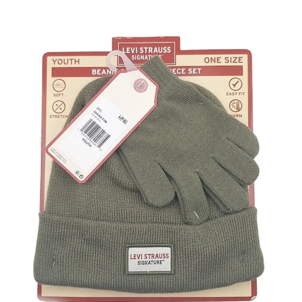 Levi Strauss Kids Beanie & Gloves Set Grey Kalamata One Size Warm NEW